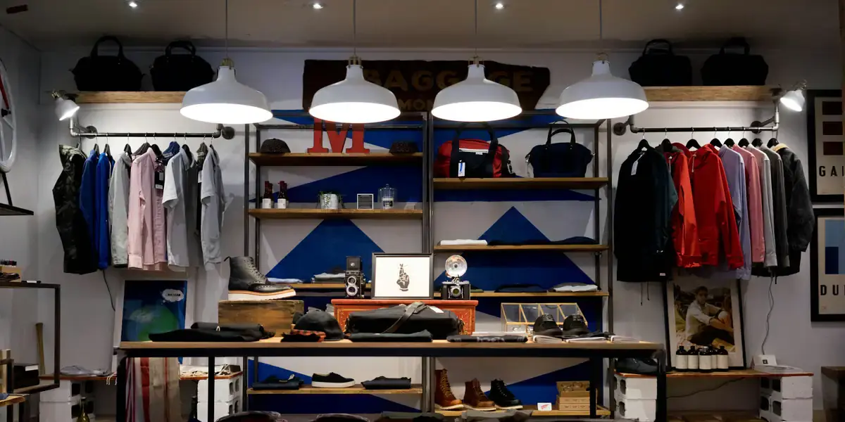Interior de una tienda de ropa con las prendas ordenadas en percheros y mesas